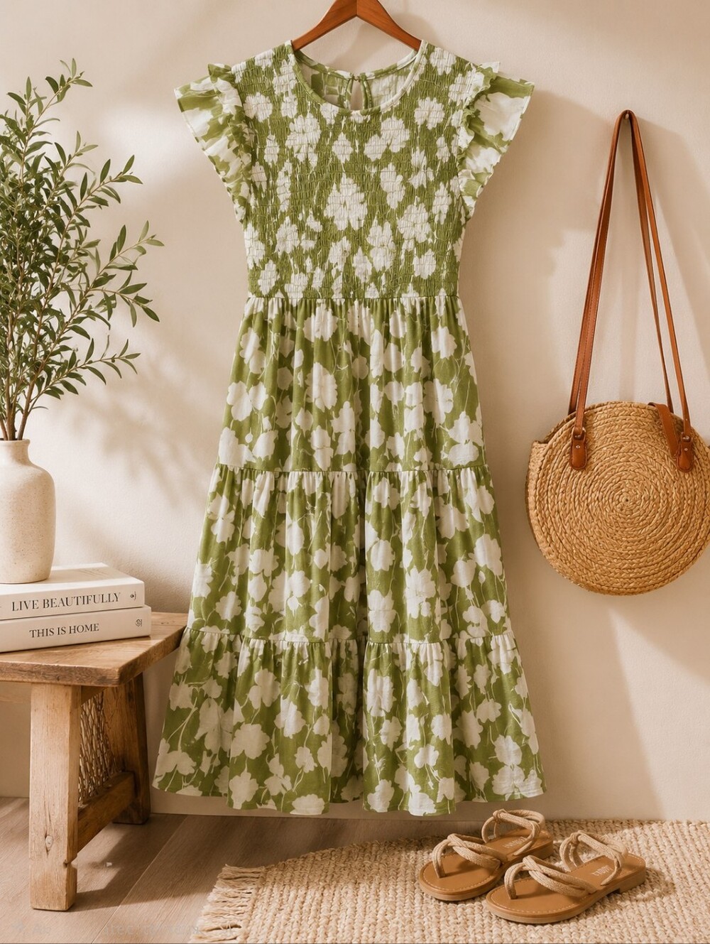 Sweet Wanderer Green and White Floral Midi Dress